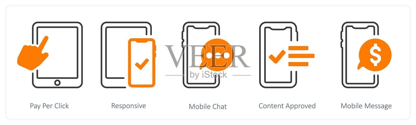 一组包含5个图标，主题为按点击付费、响应式设计和移动聊天插画图片素材