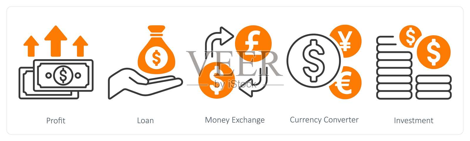 一组包含利润、贷款、货币兑换的5个混合图标插画图片素材