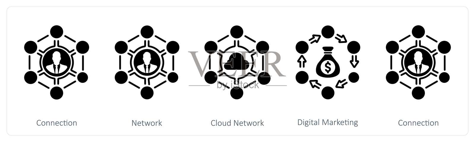 一组5个混合图标，代表连接、网络和云网络插画图片素材