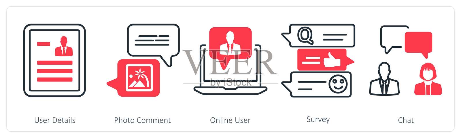 A set of 5 mix icons as user details, photo comment, online user插画图片素材