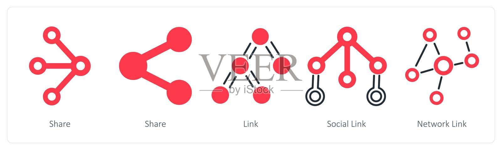 一组包含分享、链接、社交链接和网络链接的5个混合图标插画图片素材