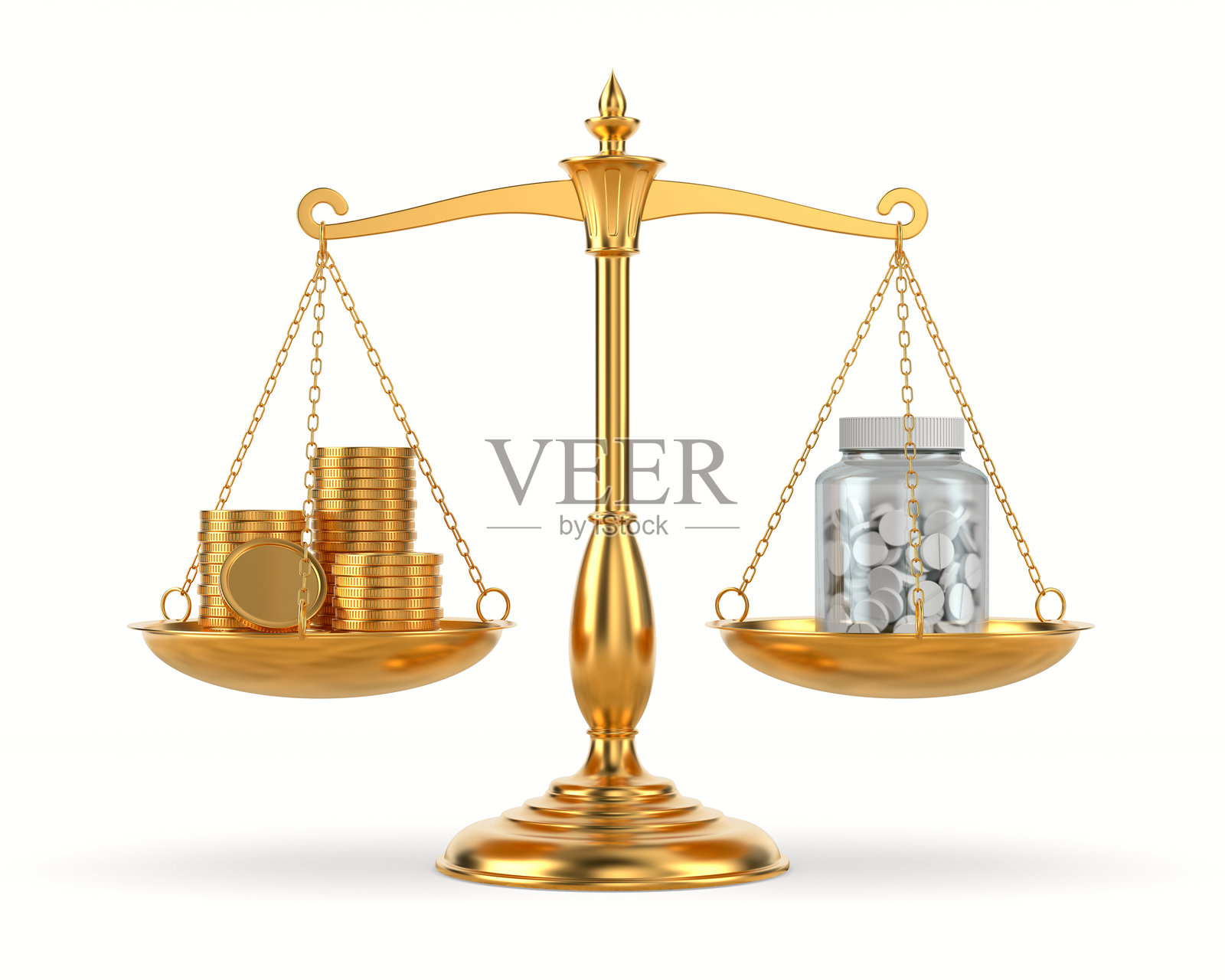 药物和金钱在天平上。白色背景上的孤立3D插图照片摄影图片