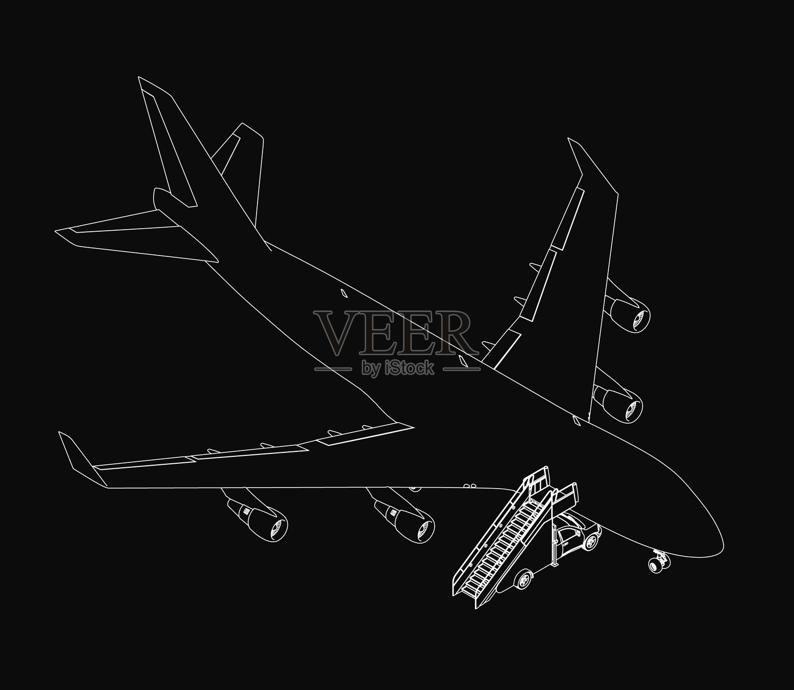 一架黑白插图的客机，白色轮廓在深色背景上显得格外突出。鲜明的对比突显了飞机流线型的设计和翼展。插画图片素材