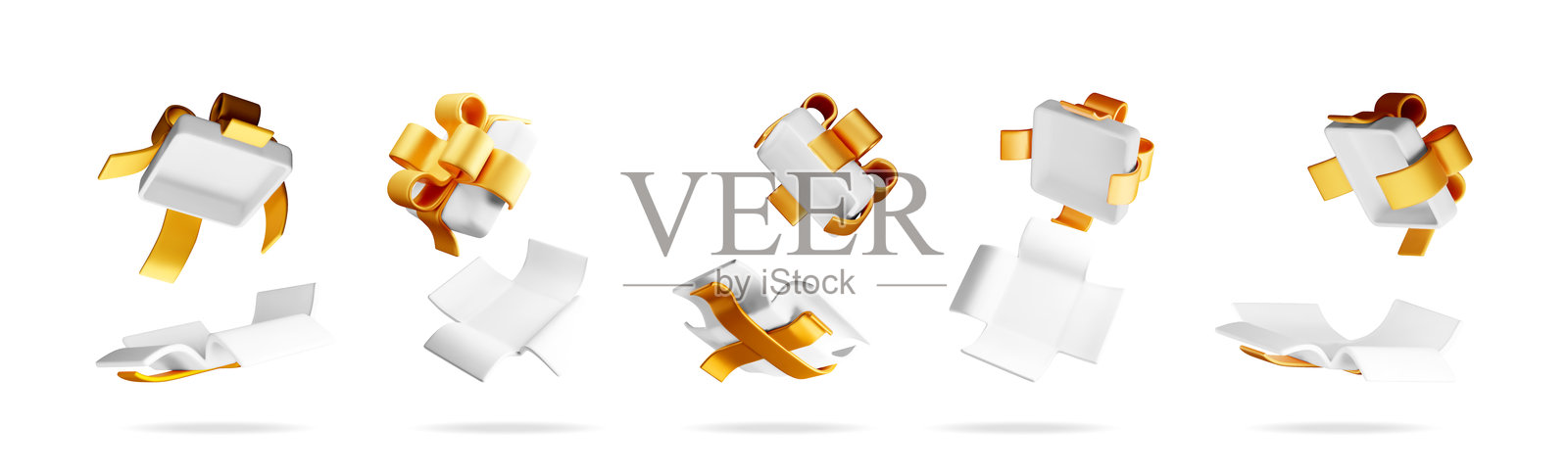 漂浮的白色开盒子，系着金色丝带插画图片素材