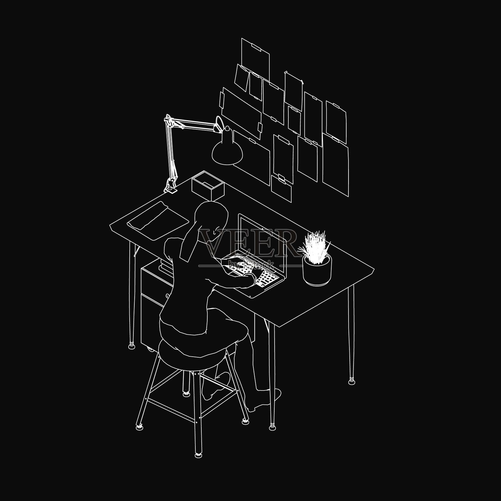 一位年轻女性专注地在桌子上工作，目光集中在昏暗房间里的电脑屏幕上。这张黑白照片突显了她的专注，显示了显示器和键盘。插画图片素材