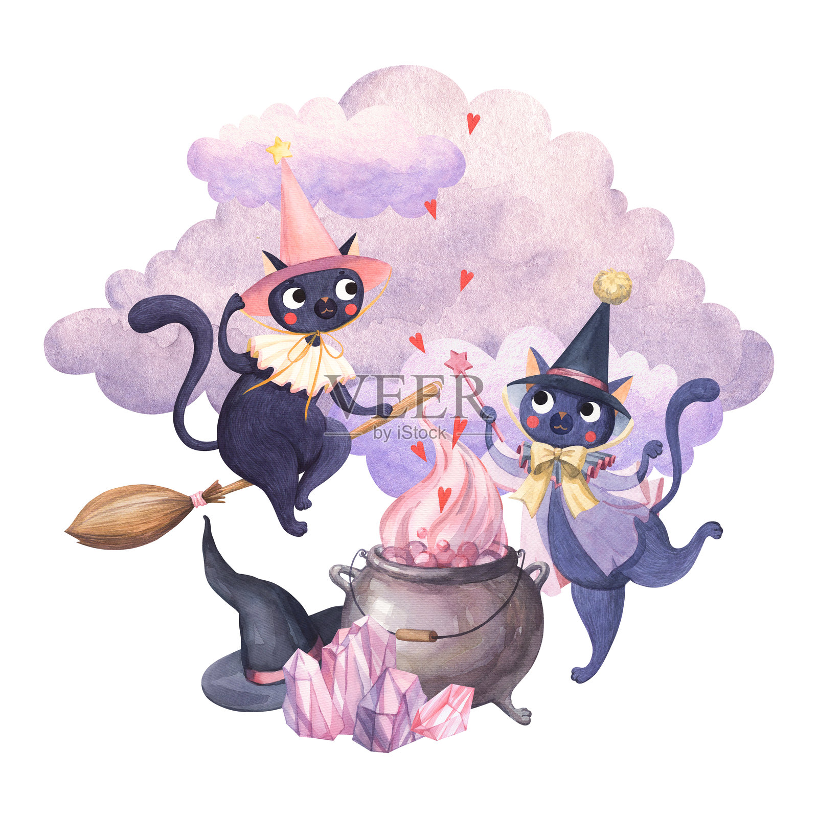 骑着扫帚的魔法猫和手持魔法棒的猫在云朵背景下插画图片素材