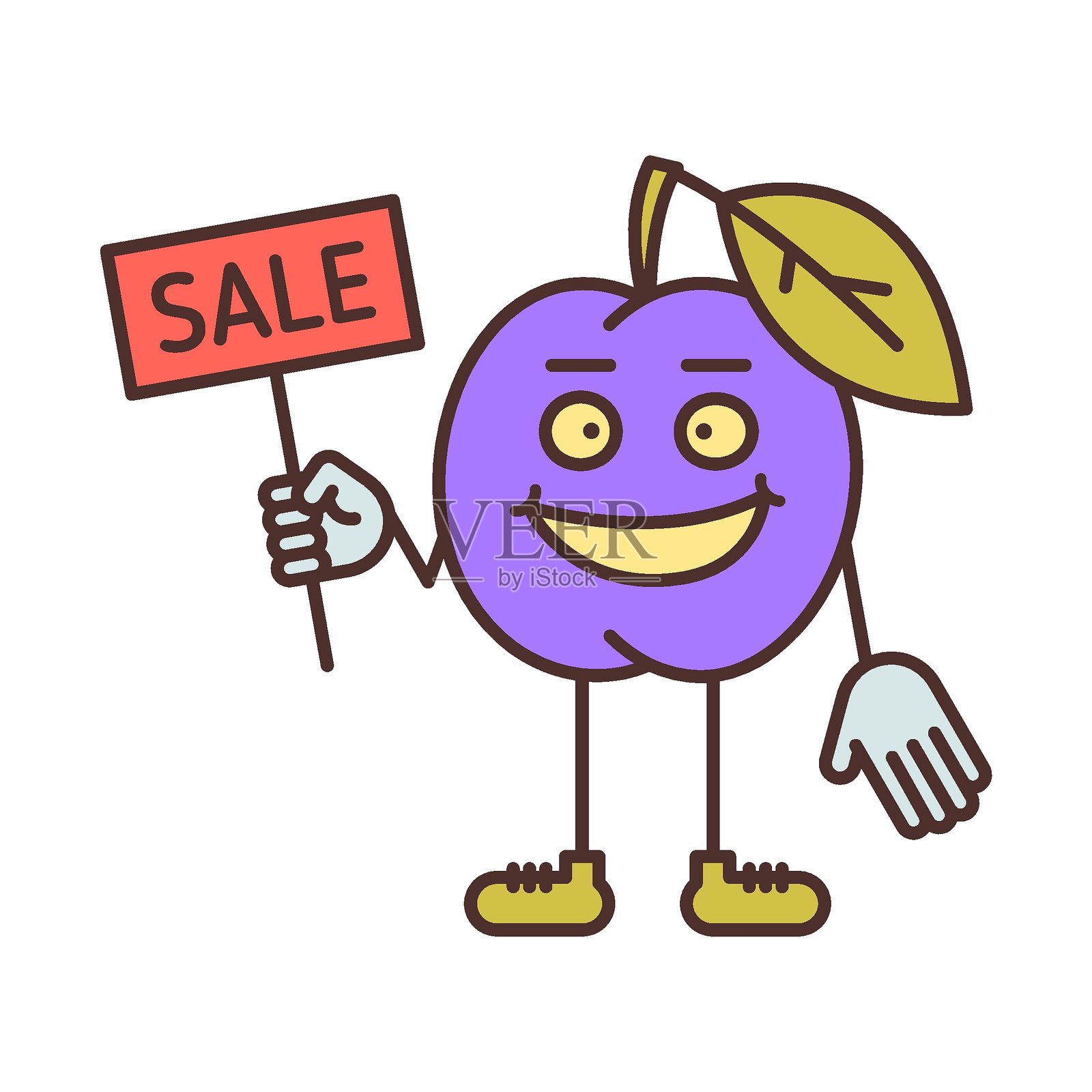 微笑的梅子角色手持写有“特卖”的标志插画图片素材