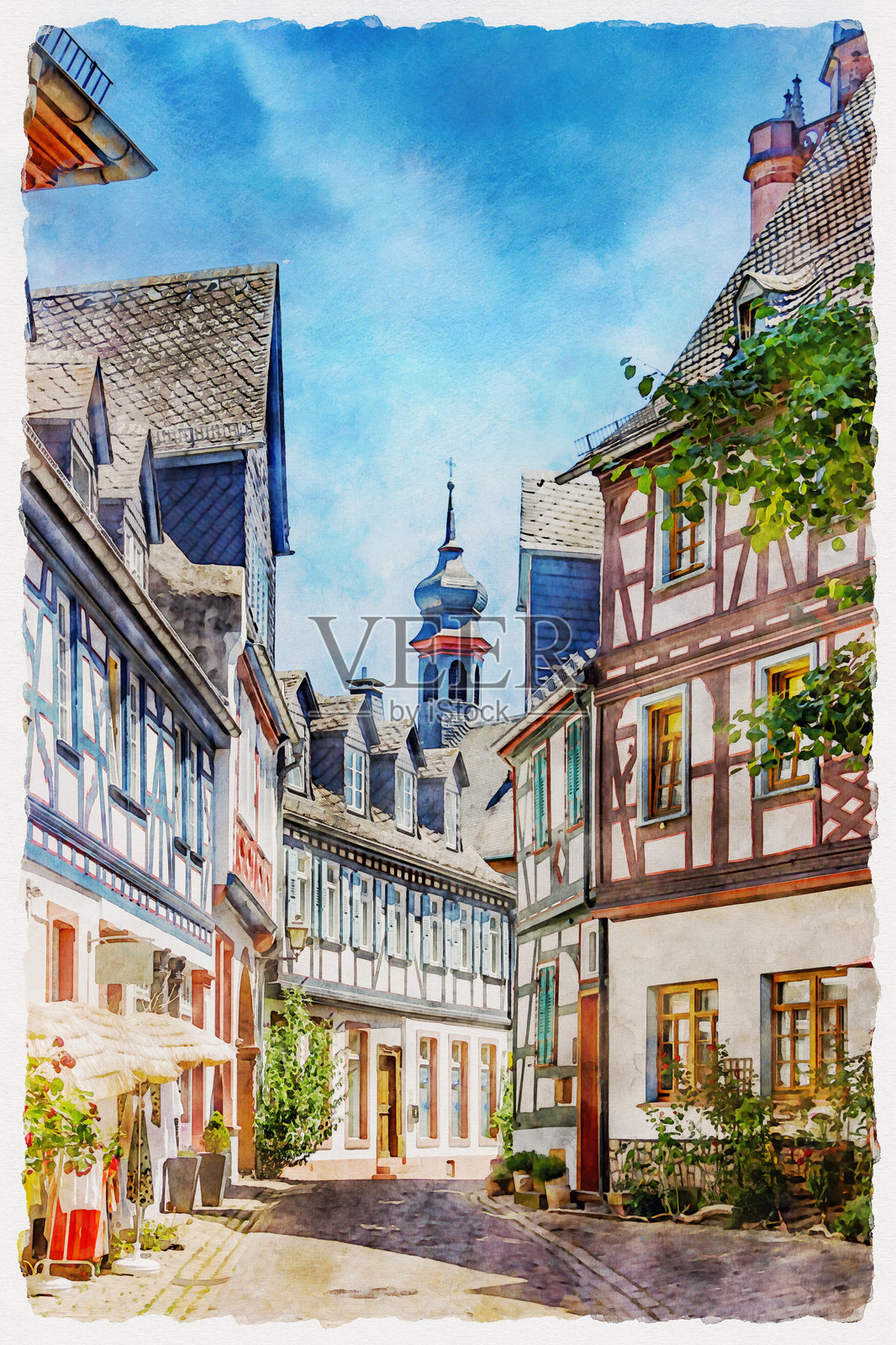 德国埃尔特维尔的街景，带有中世纪的半木结构建筑。水彩画。插画图片素材