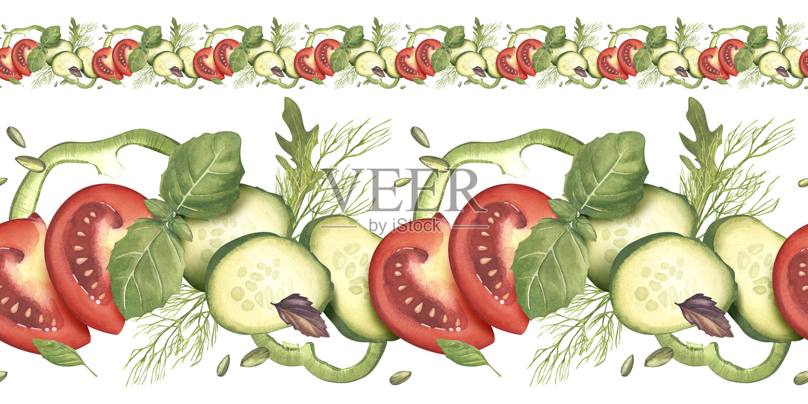 黄瓜、西红柿、辣椒片配罗勒和莳萝叶。水彩插图。无缝图案集。蔬菜和香草的装饰。农产品商店、包装、纺织品。插画图片素材