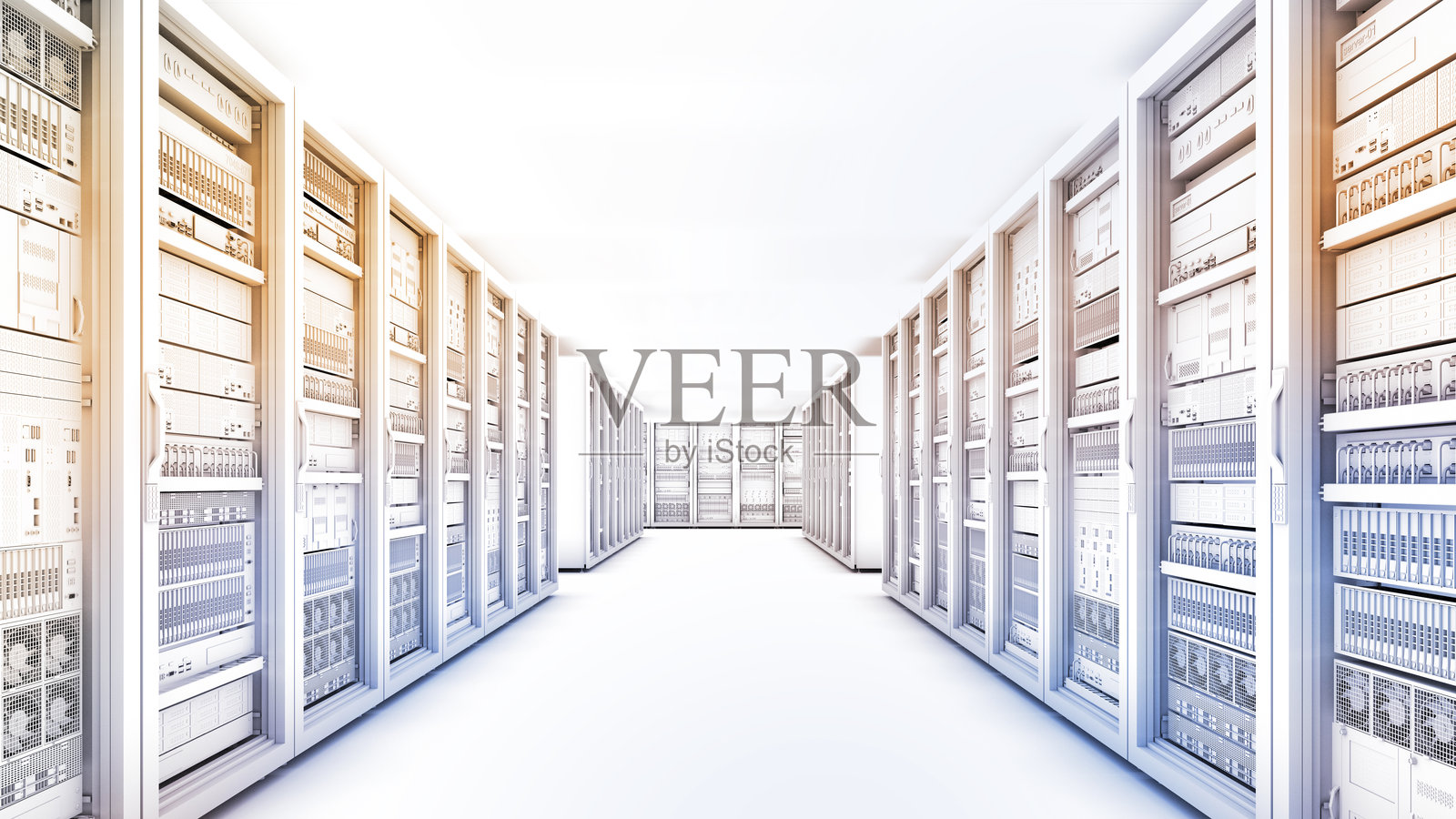 白色存储和处理单元，大型人工智能处理服务器房间，数据中心存储和网络处理室，固态硬盘和硬盘驱动器存储，以及处理器冷却系统，3D渲染照片摄影图片
