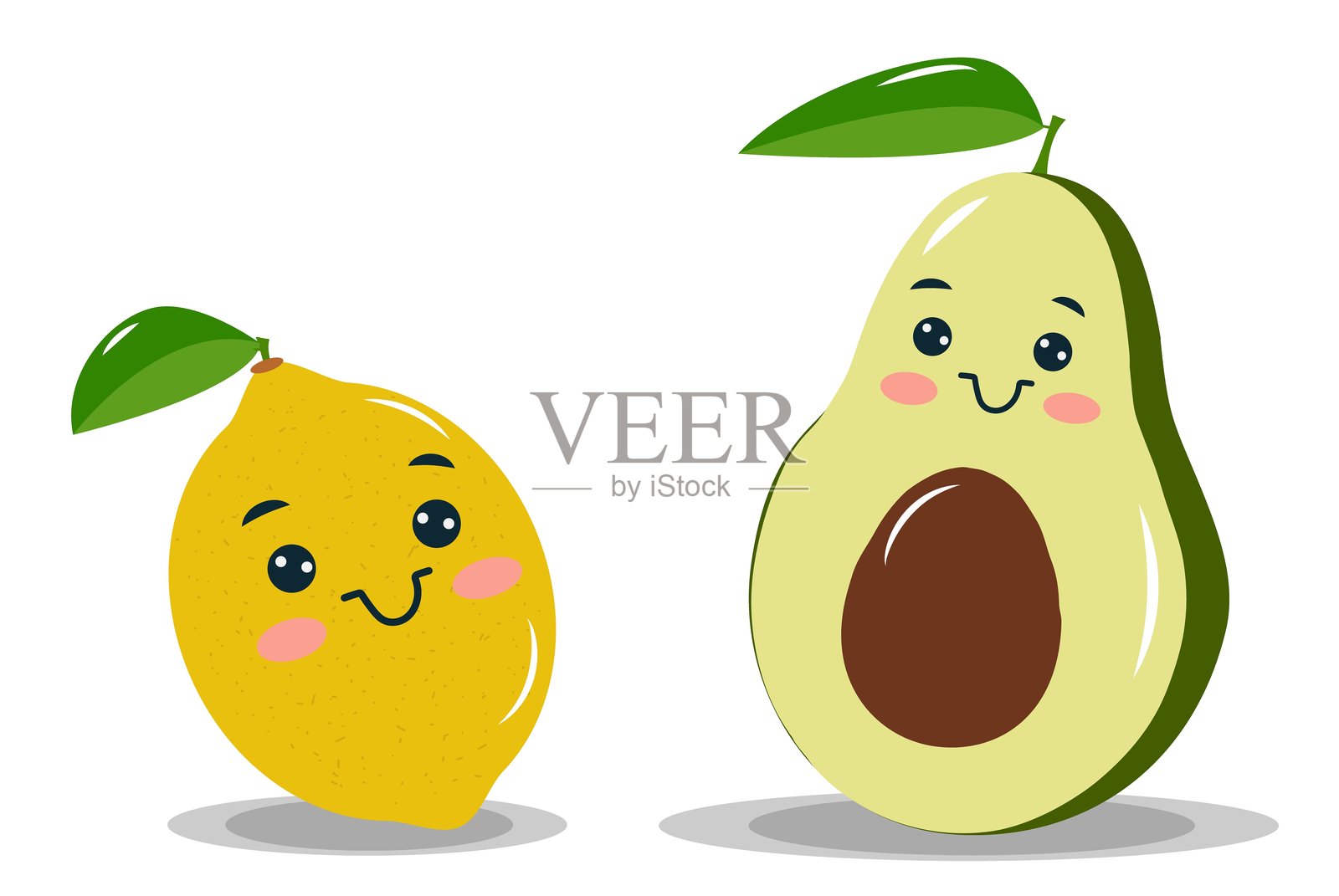 两个快乐的卡通角色，一个是柠檬，一个是鳄梨，肩并肩展示。它们都有愉快的表情，头上长着叶子，营造出友好的氛围。插画图片素材