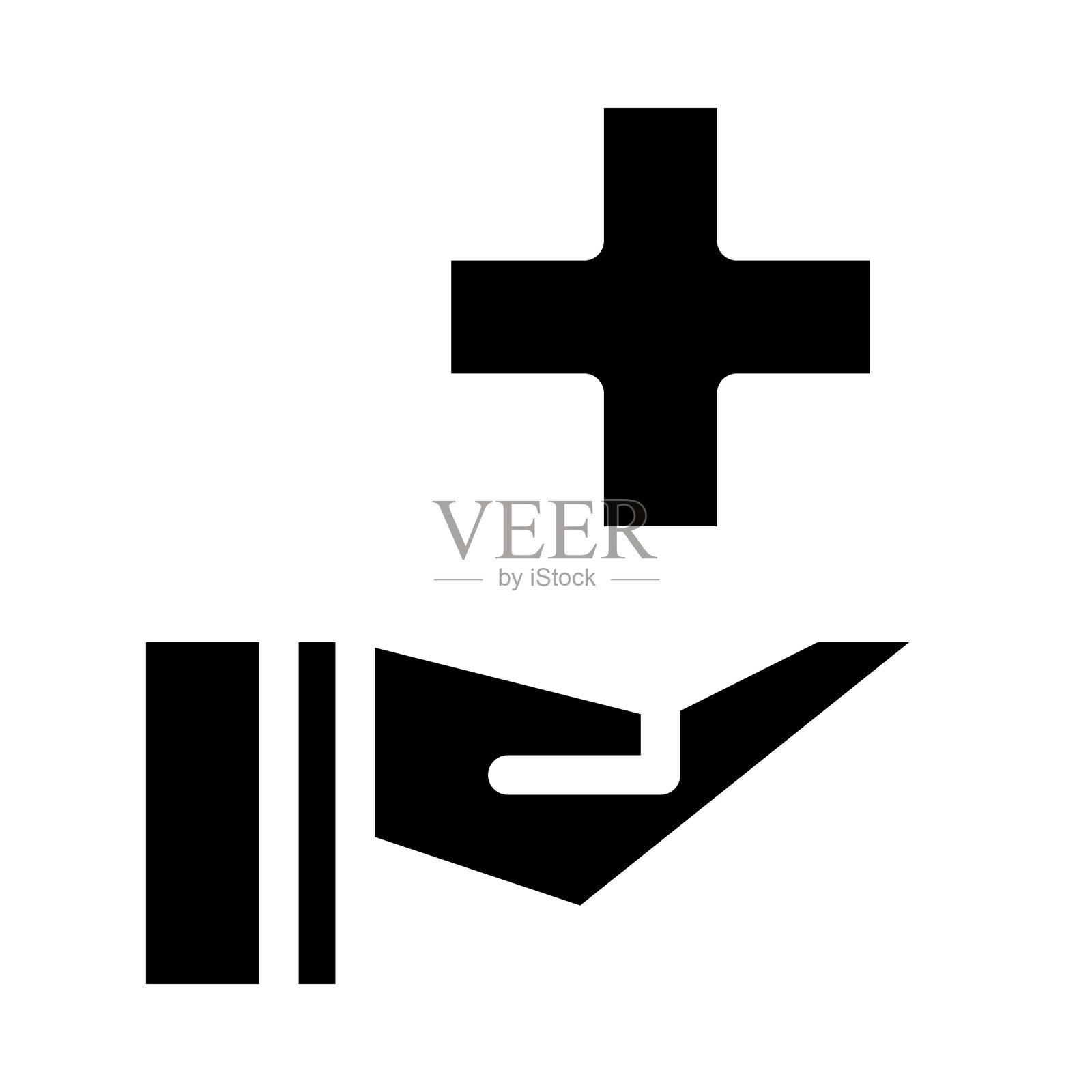 一个开放的手掌图标，上方有一个医疗十字。象征着医疗支持、医疗援助或健康保险服务。扁平风格设计，背景为白色。插画图片素材