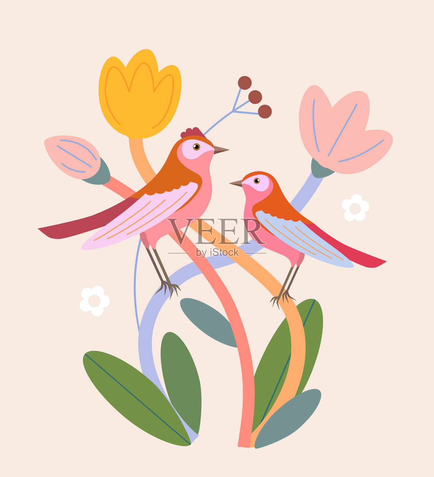 一只鸟栖息在开花的树枝上插画图片素材