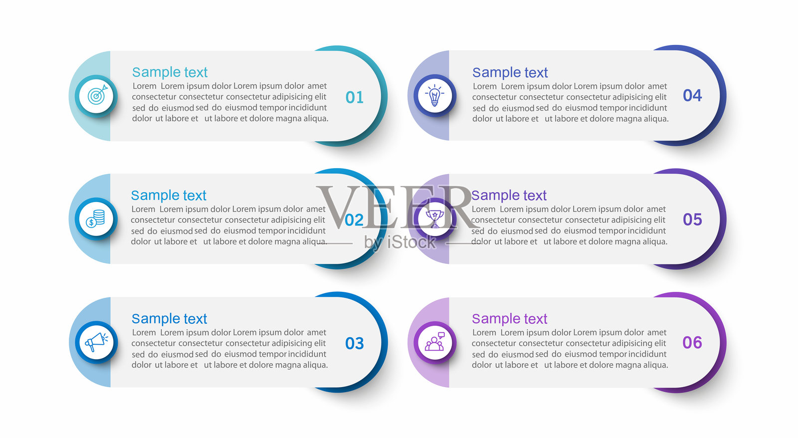 商业信息图表设计模板，包含6个选项、步骤或流程插画图片素材
