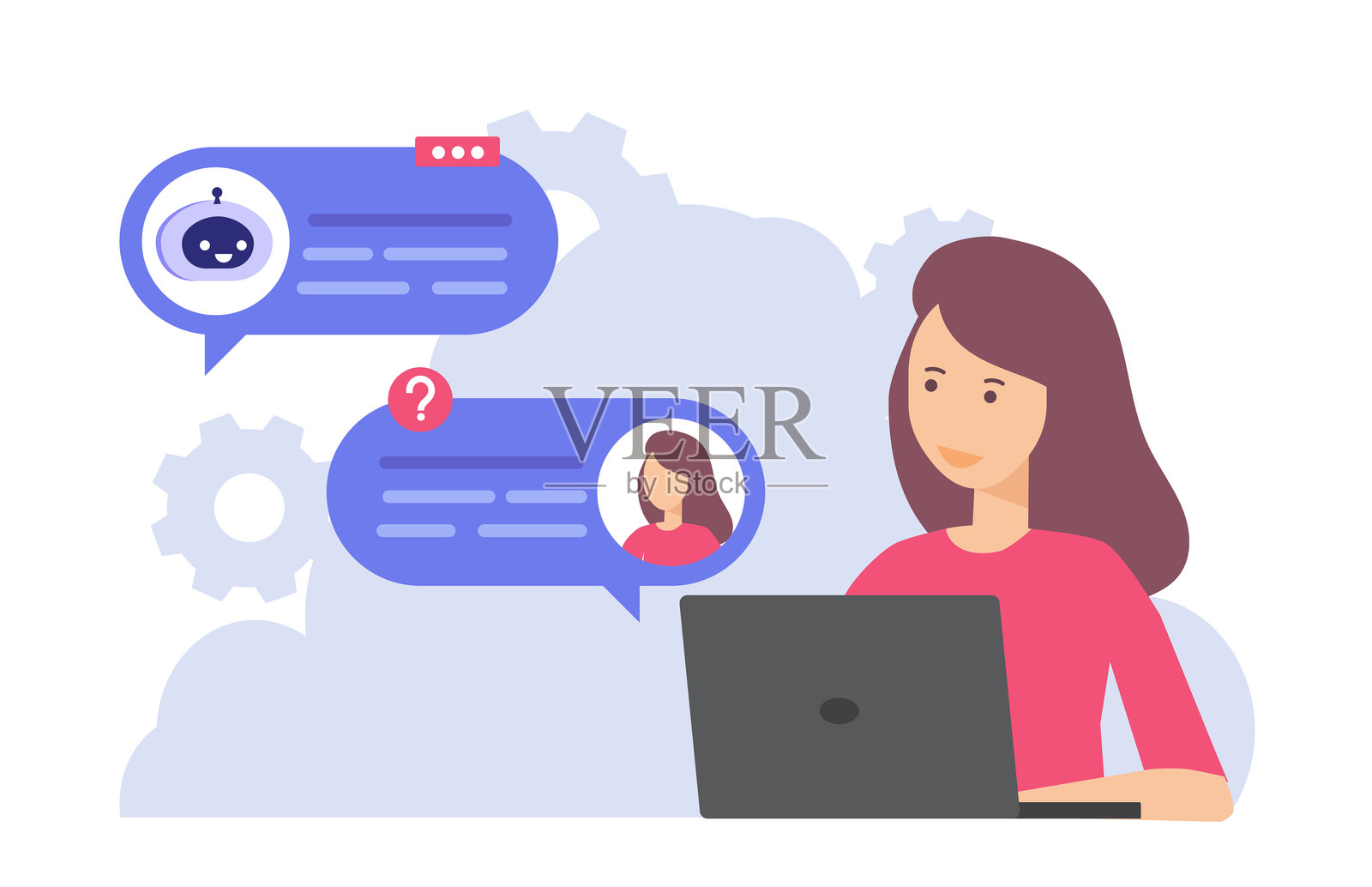人工智能聊天机器人与用户沟通的概念，女性向人工智能机器人询问商业建议，客户在线与人类助手聊天。插画图片素材