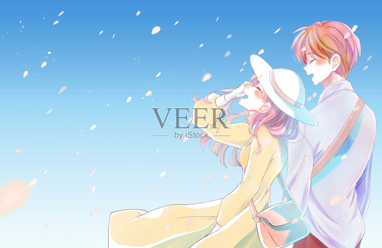 一男一女并肩走出，开心地大笑。插画图片素材