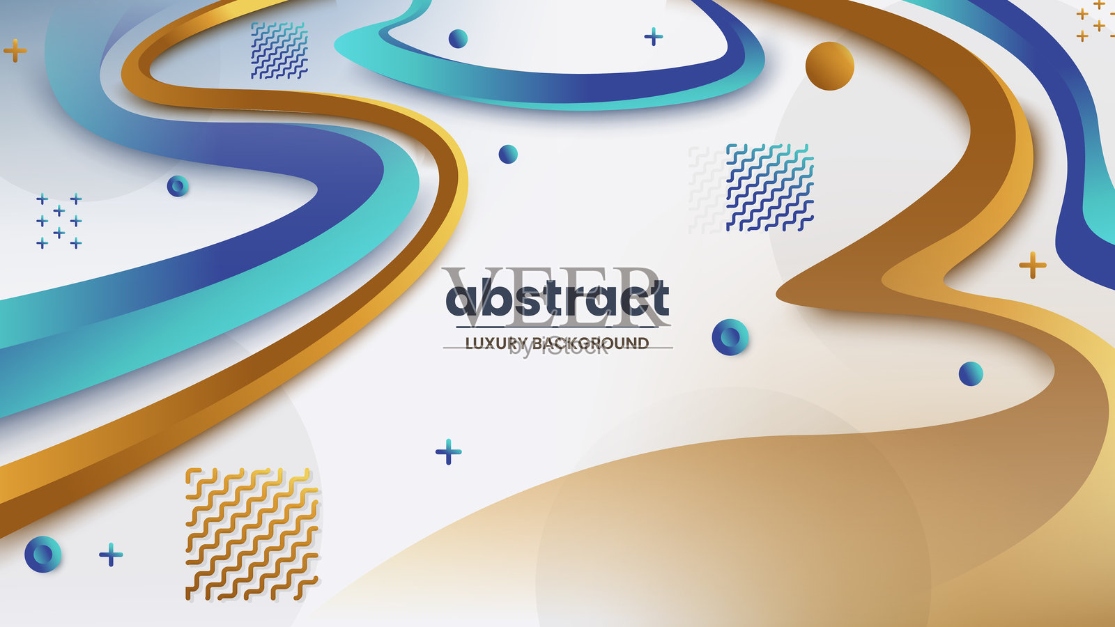 现代图形元素与抽象几何形状。渐变奢华背景。网页横幅、海报的设计元素，蓝色、金色和白色，矢量插图。插画图片素材