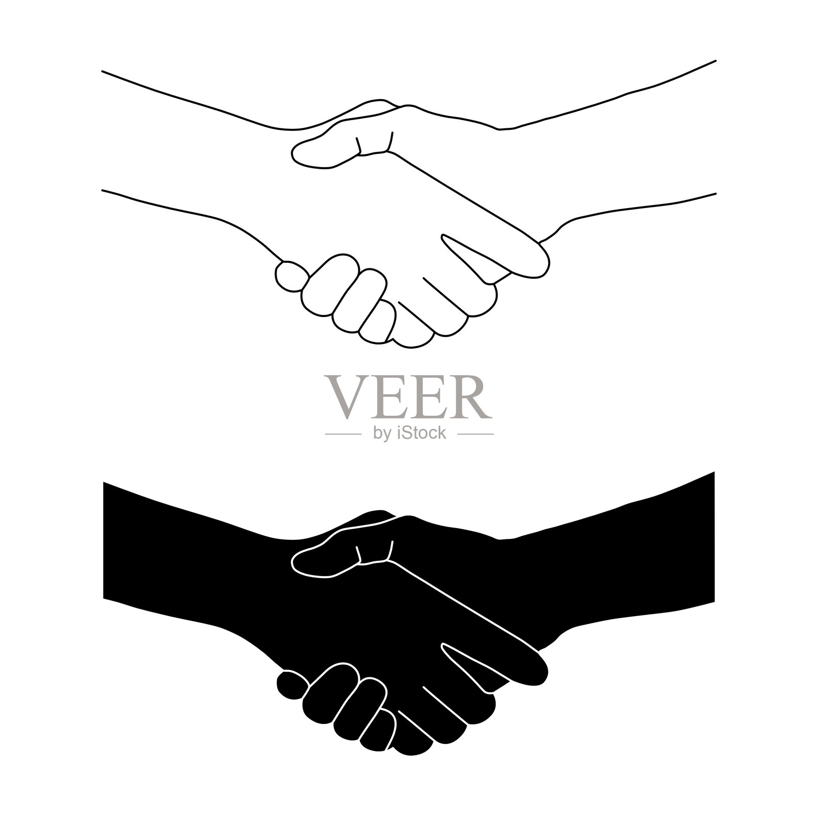 握手线条艺术与剪影二重奏 - 协议与合作概念。插画图片素材