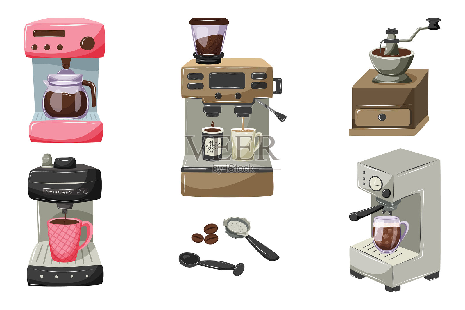 各种现代咖啡机和磨豆机的组合。滴漏咖啡机、意式咖啡机、手动咖啡磨豆机、咖啡压粉器、量勺和咖啡豆。用于信息图表和横幅的矢量插图。插画图片素材