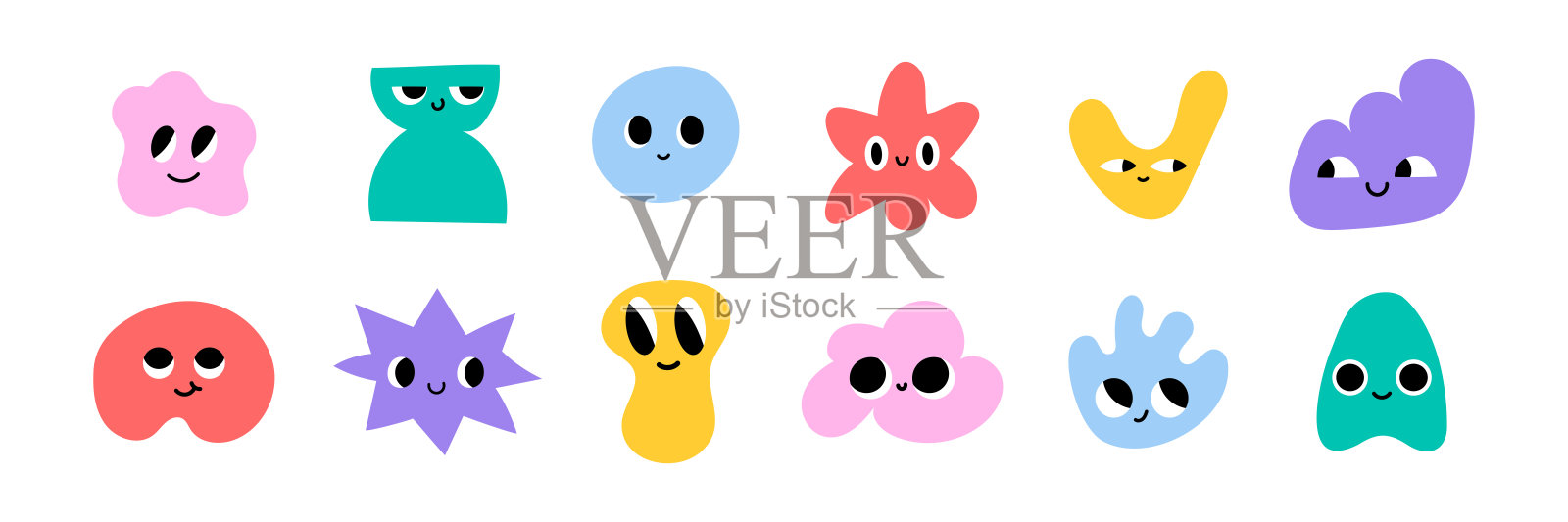 可爱的抽象角色集合，带有搞笑的面孔。矢量插图，背景为白色。插画图片素材