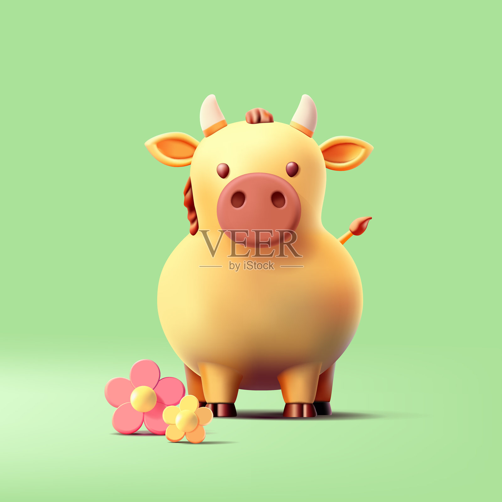 3D，黄色可爱的牛与绿色背景上的雏菊。风格化的农场牛在绿色田野中。矢量插图。插画图片素材