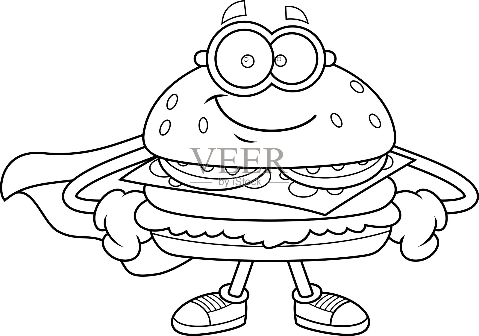 汉堡超级英雄卡通角色，戴着面具和斗篷插画图片素材