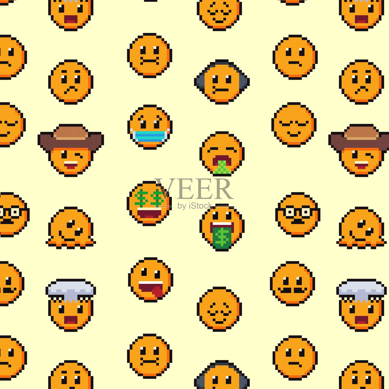 像素微笑背景 无缝。快乐面孔图标。微笑表情纹理。插画图片素材
