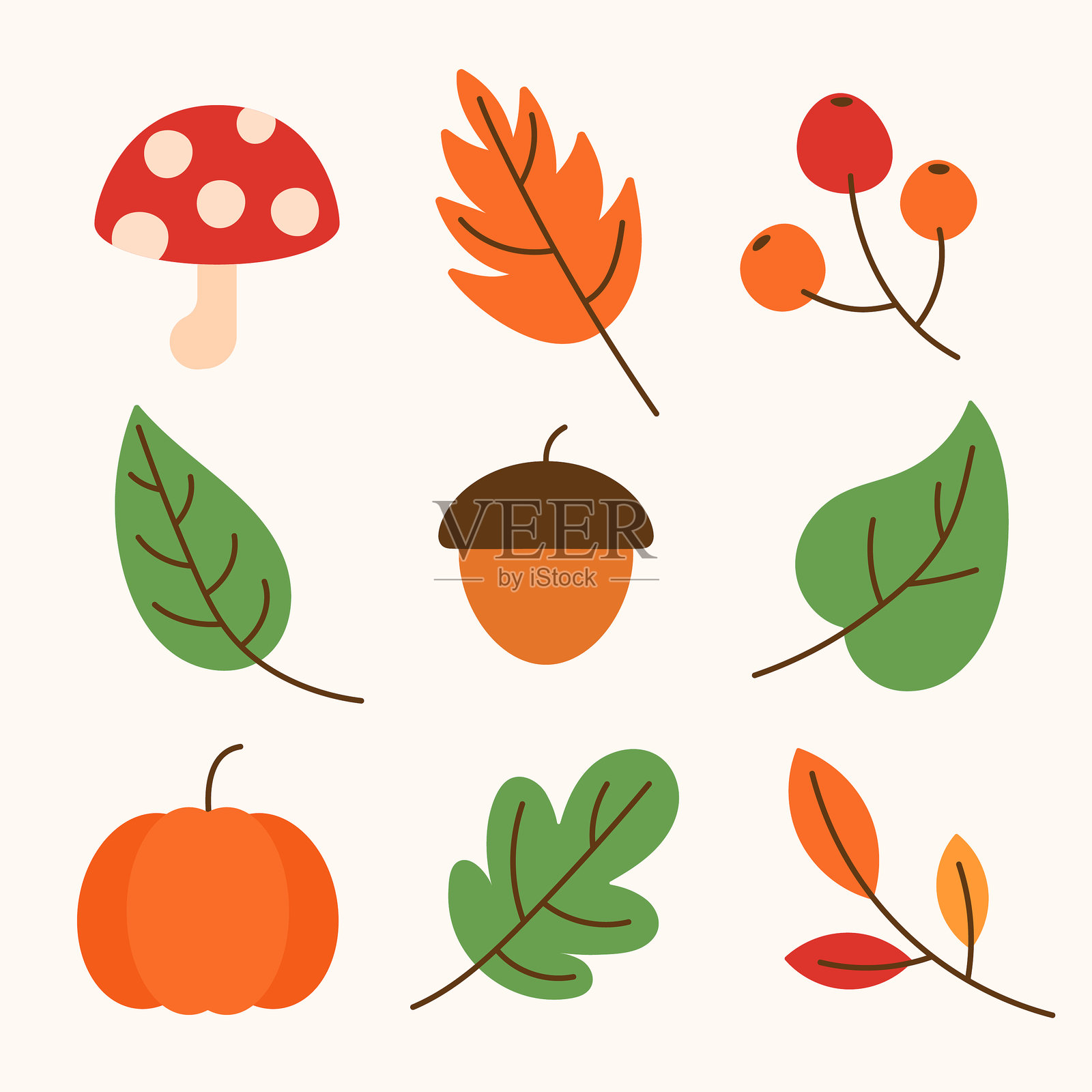 秋季元素组合，包括树叶、树枝、浆果、蘑菇、橡果和南瓜，采用扁平矢量风格设计插画图片素材