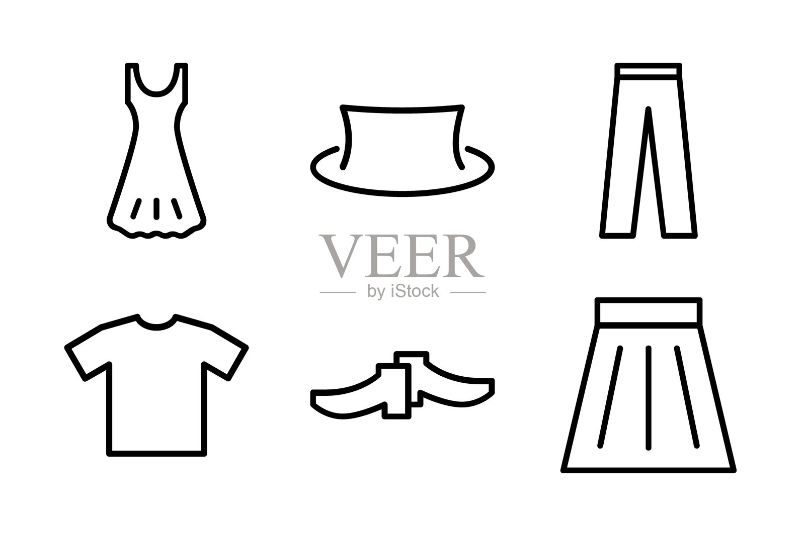 一组六个极简线条图标，分别代表衬衫、裤子、裙子、连衣裙、鞋子和帽子。非常适合时尚、用户界面设计和与服装相关的内容。插画图片素材