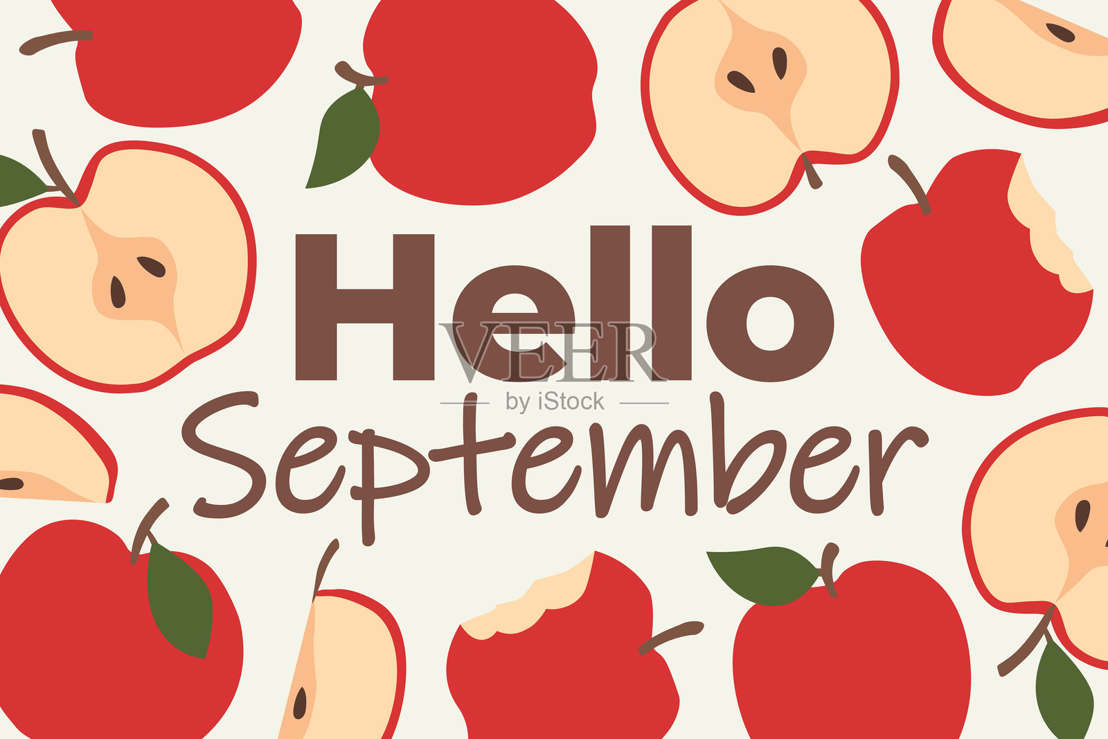 “你好，九月”文字环绕着红苹果；非常适合季节性贺卡、日历和秋季主题设计。插画图片素材