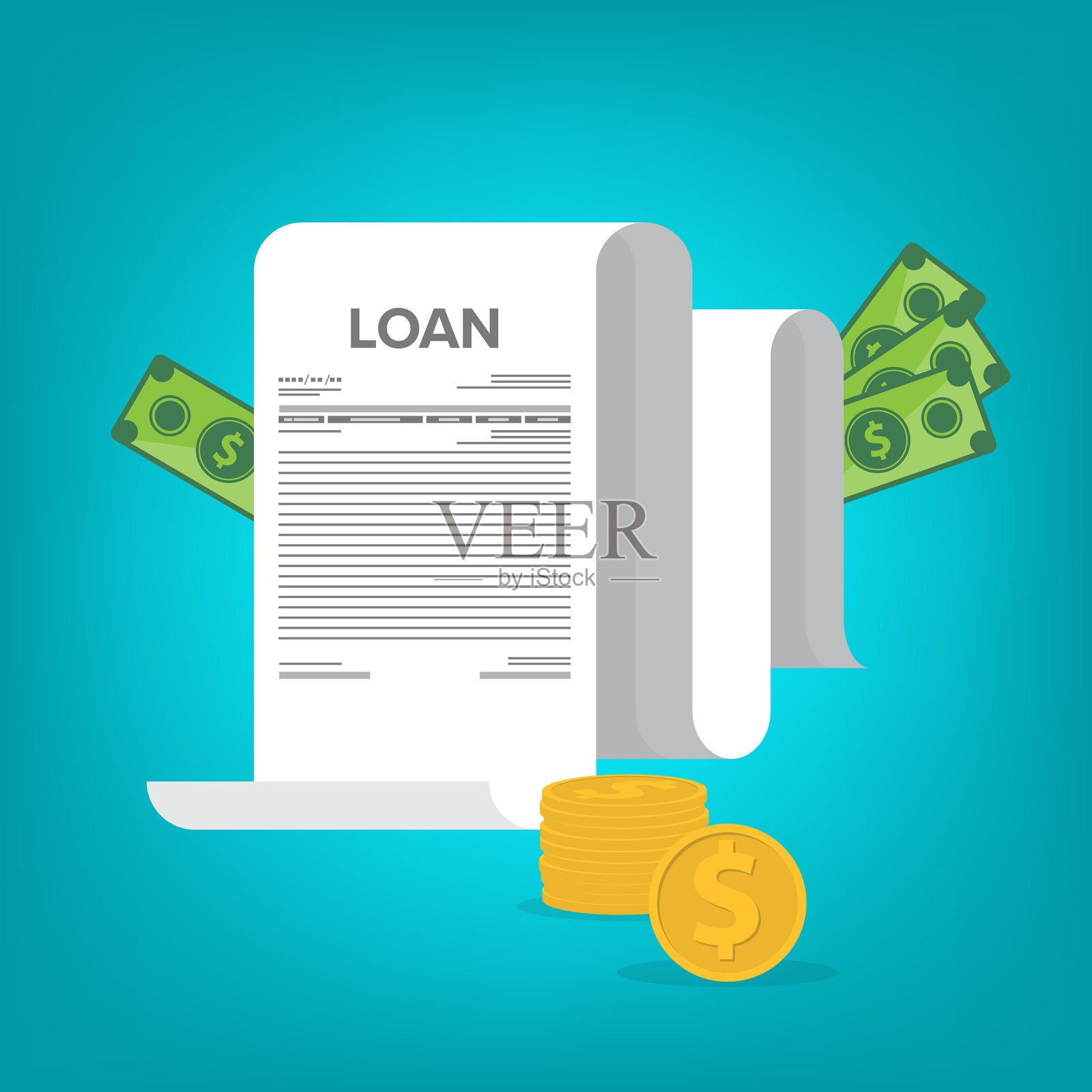 贷款。带有硬币和美元钞票的银行文件。插画图片素材