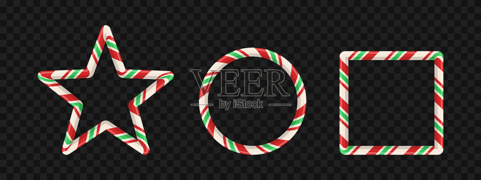 圣诞卡片或节日照片用的红绿条纹糖果手杖框架套装。带有甜美椭圆形、星形和矩形的3D边框设计。矢量横幅。插画图片素材