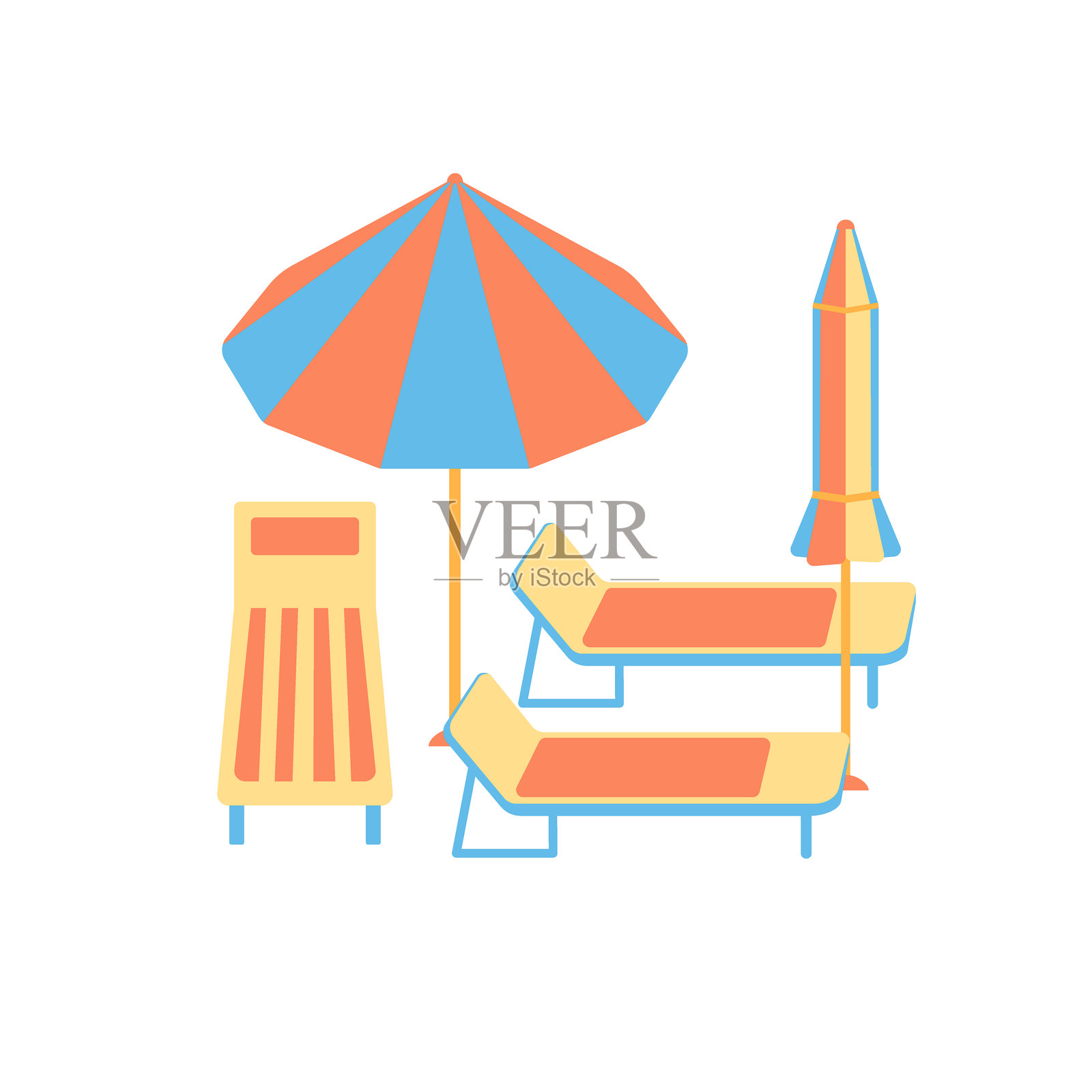 阳光躺椅和遮阳伞矢量插图。色彩斑斓的条纹沙滩伞和阳光床在白色背景上独立展示。夏季假期构图，海边日光浴放松，平面卡通风格。插画图片素材