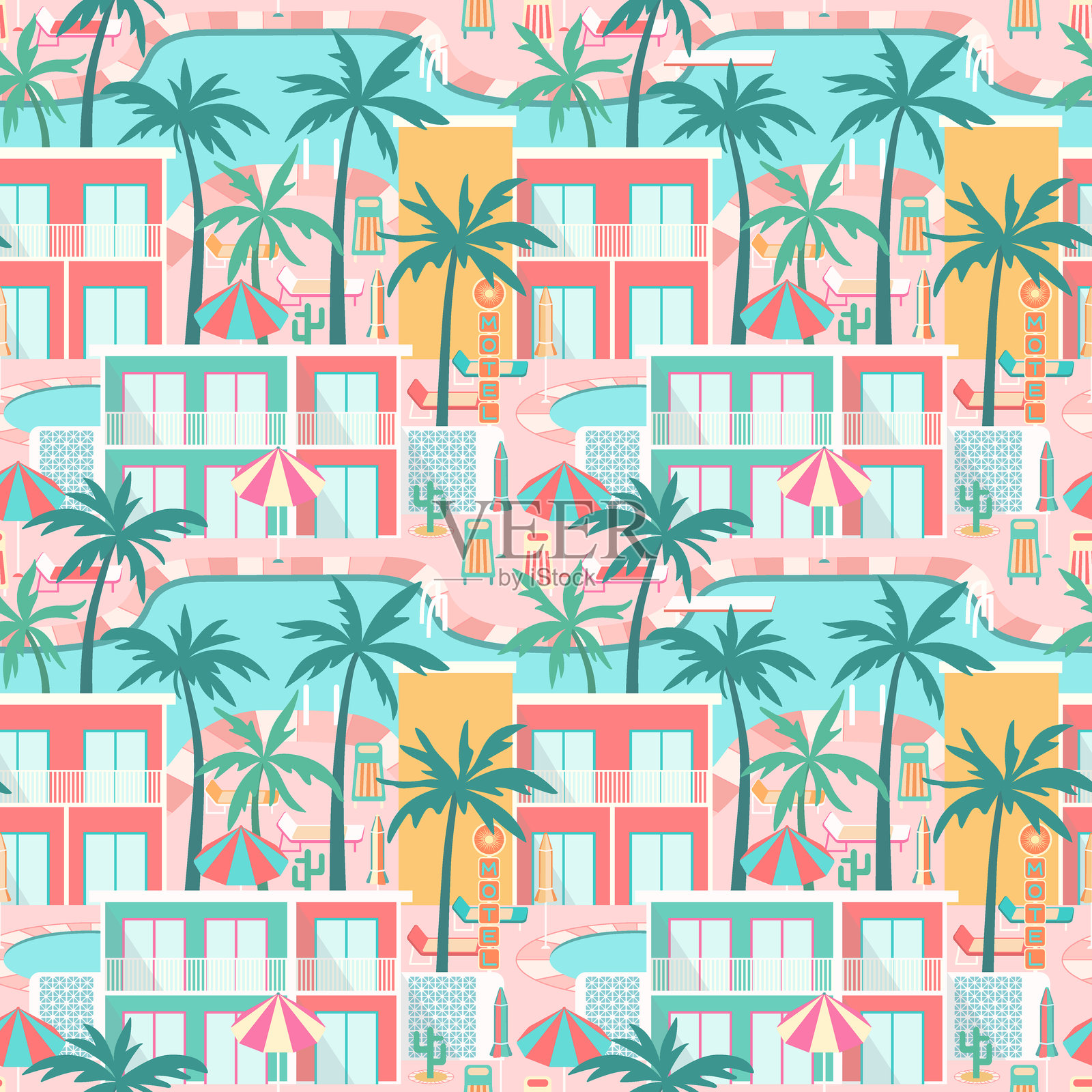 热带酒店场景无缝图案。色彩缤纷的复古泳池度假村景观，配有棕榈树、躺椅、遮阳伞、可爱的汽车旅馆建筑和碧绿色泳池。插画图片素材