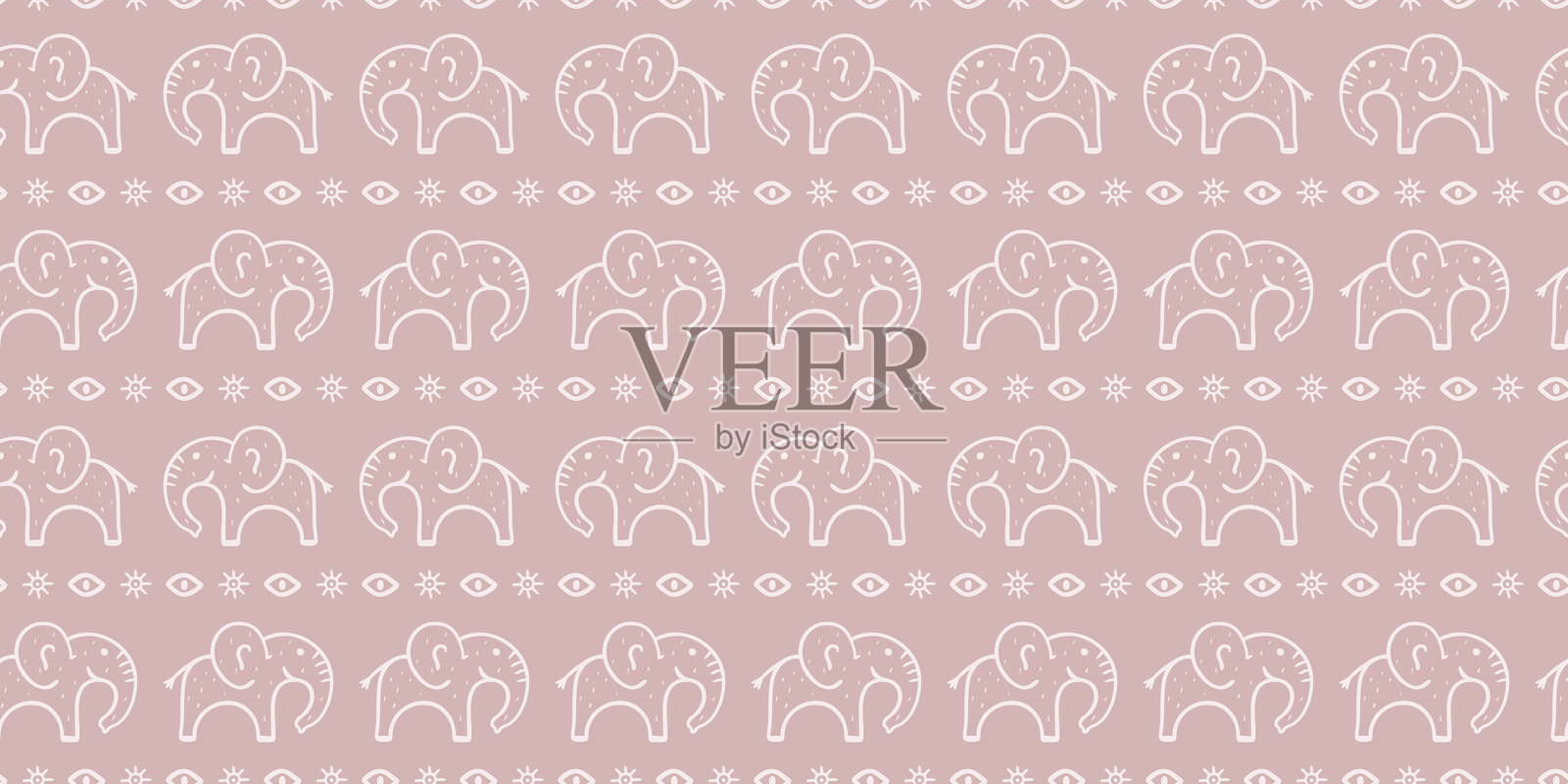 无缝图案，手绘大象、眼睛和太阳符号，呈尘土紫色。矢量背景。具有民族和部落风格的设计，适合用于纺织品、壁纸或数字背景。插画图片素材