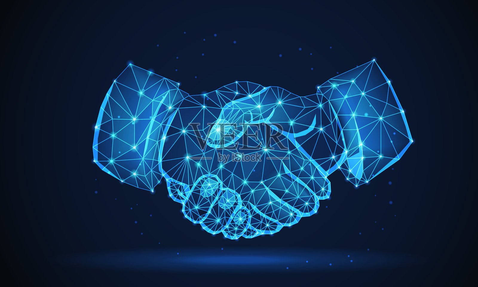 低多边形、线框数字握手在蓝色科技背景上。插画图片素材