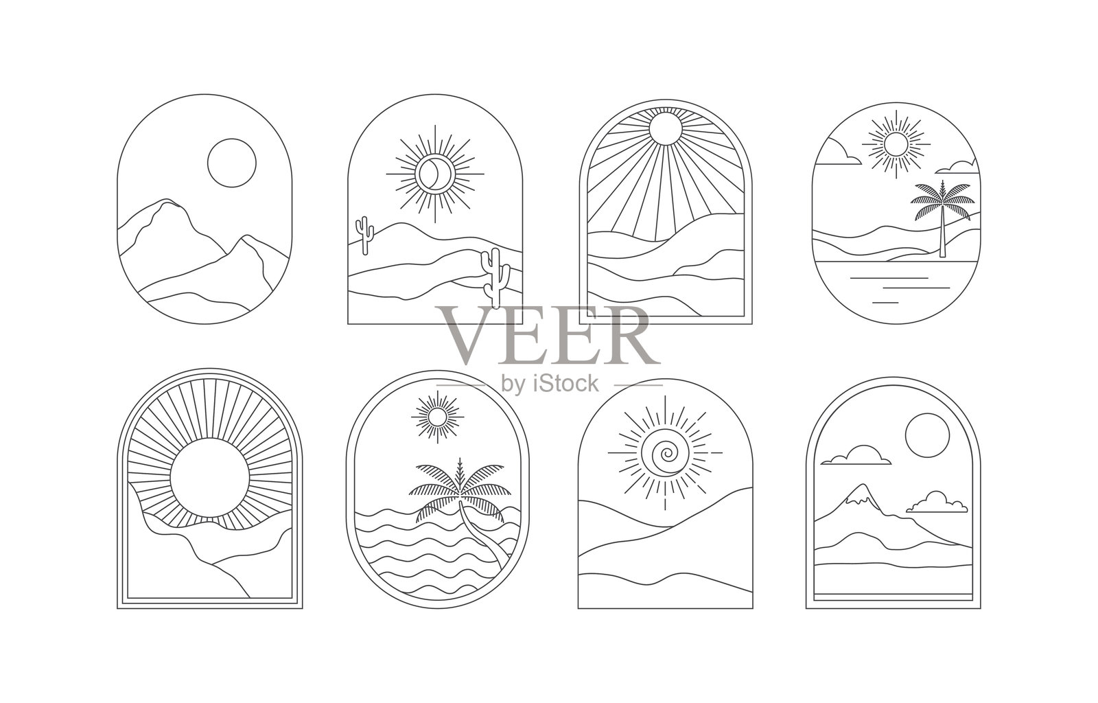 波希米亚风格的标志合集，包含夏季风景和几何抽象设计模板插画图片素材