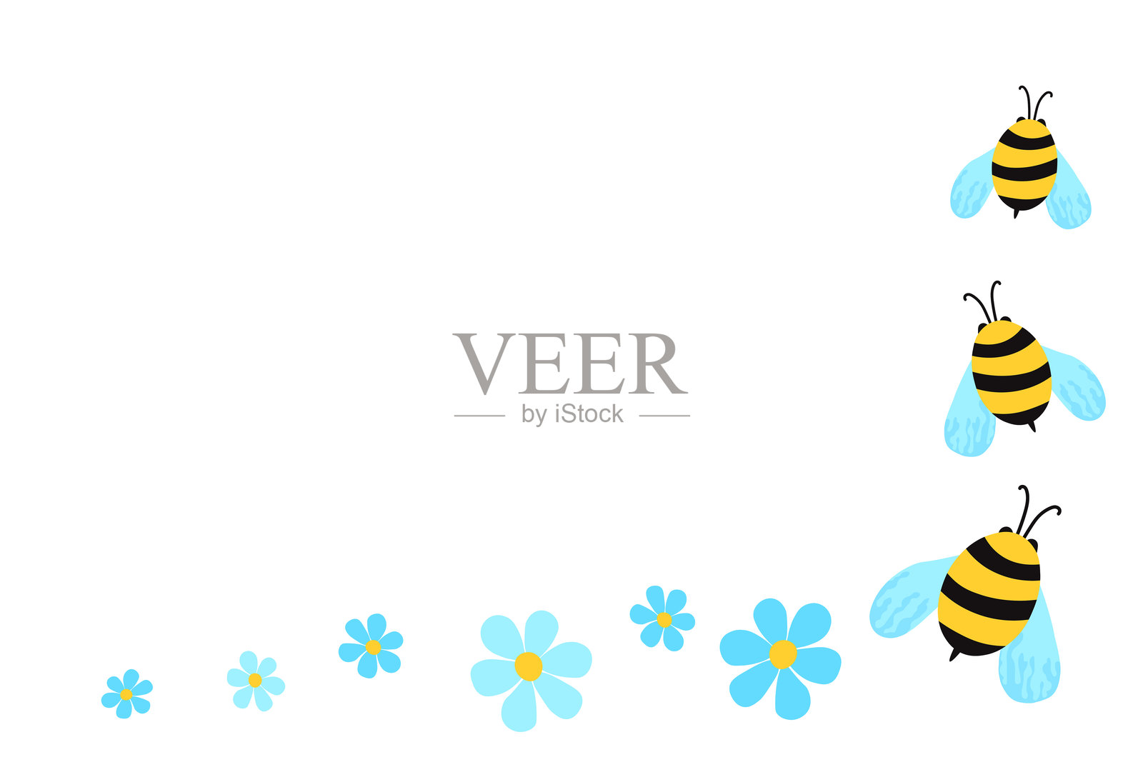 卡通蜜蜂吉祥物。小蜜蜂在飞翔。黄蜂集合。矢量大黄蜂角色。昆虫图标。邀请函、卡片的设计模板。涂鸦风格。带有留白的背景。插画图片素材