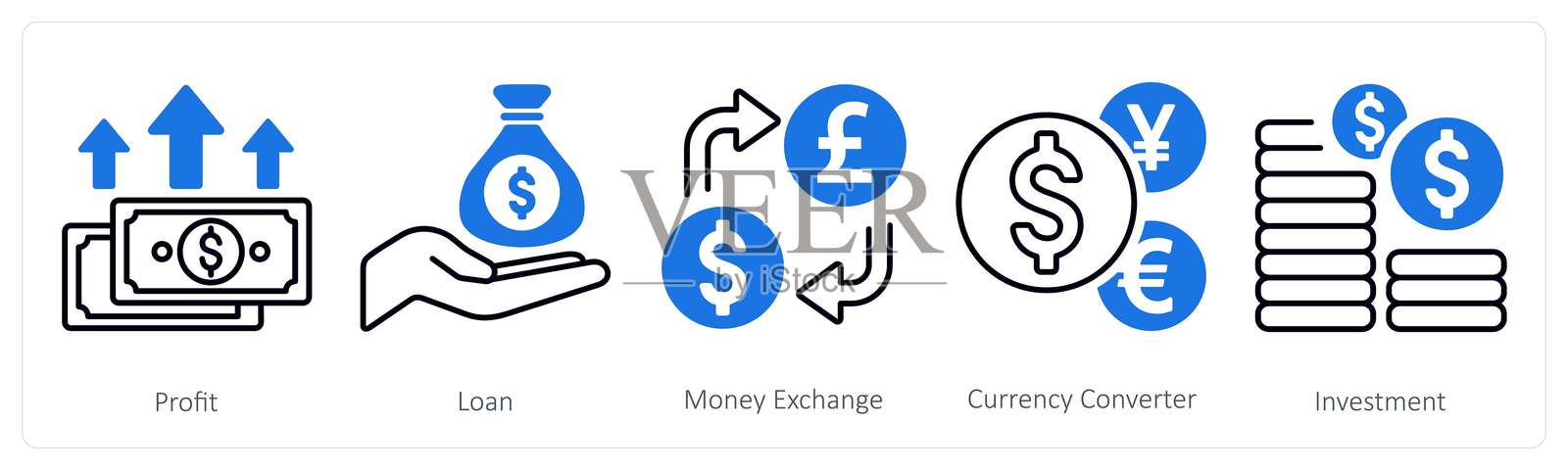 一组包含利润、贷款、货币兑换的5个混合图标插画图片素材