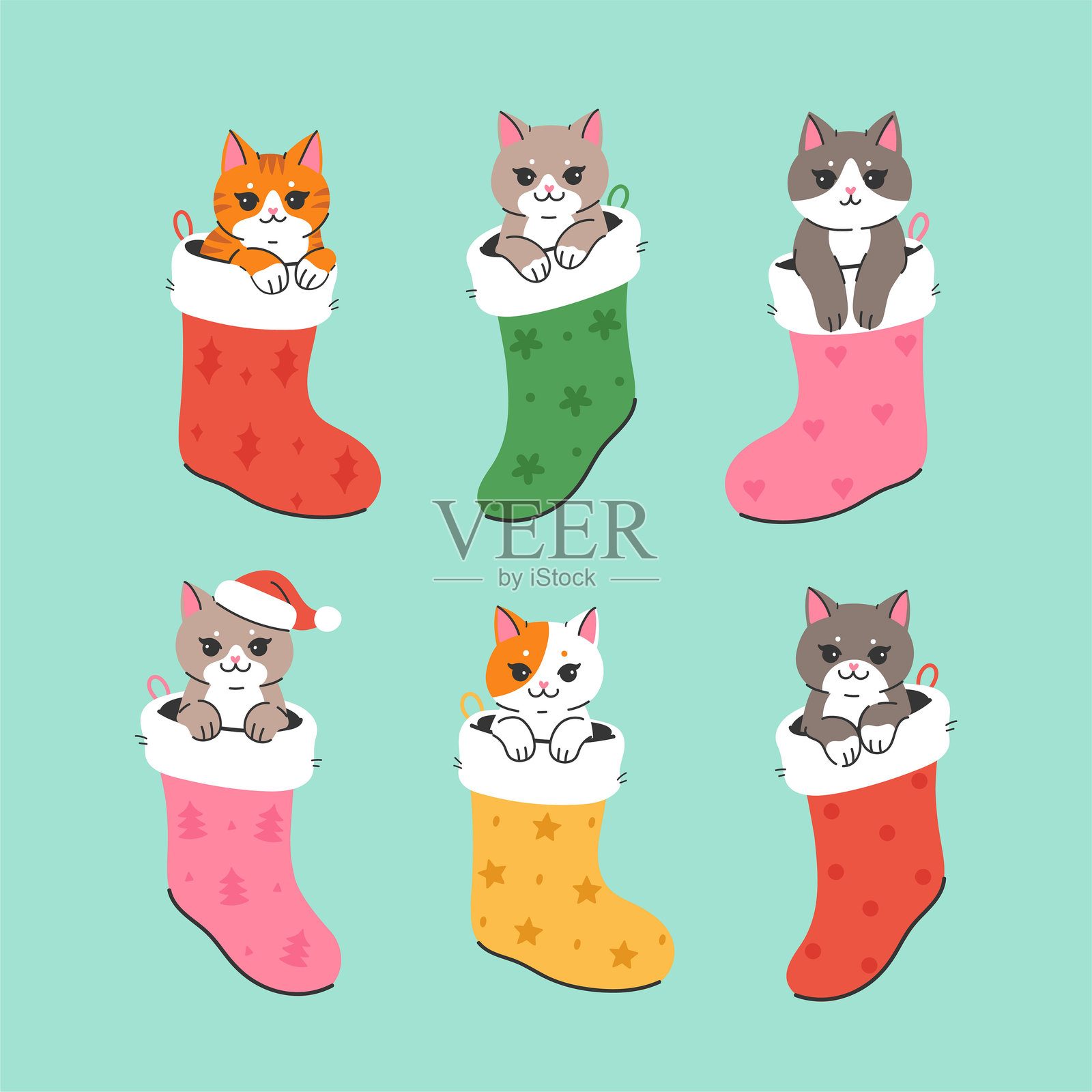 一组可爱的猫咪坐在圣诞袜里。矢量图形。插画图片素材