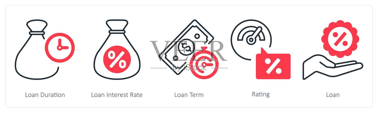 一组包含5个混合图标，表示贷款期限、贷款利率和贷款条款插画图片素材