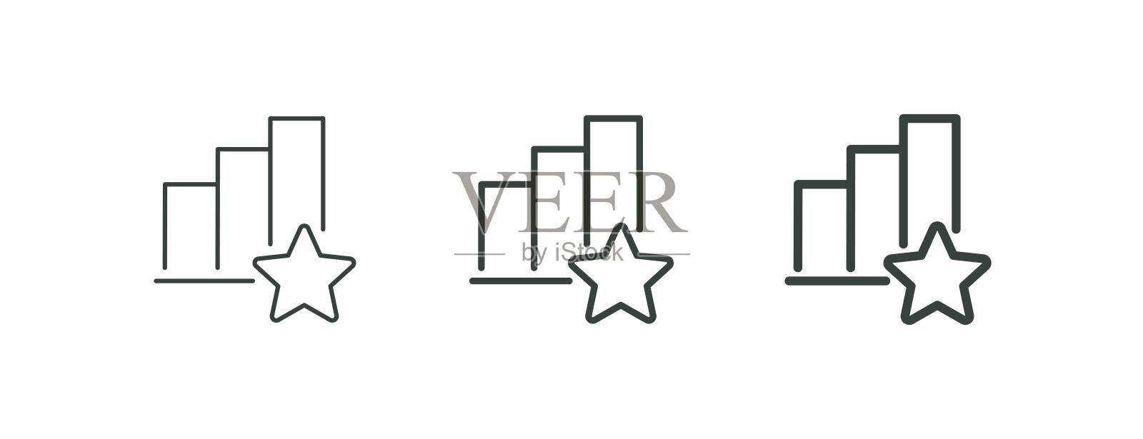 收益增长图表，职业生涯发展，高效增长轮廓图标。线性条形图向上和星星。适用于网页和应用的矢量隔离图标，背景为白色，可编辑线条。插画图片素材