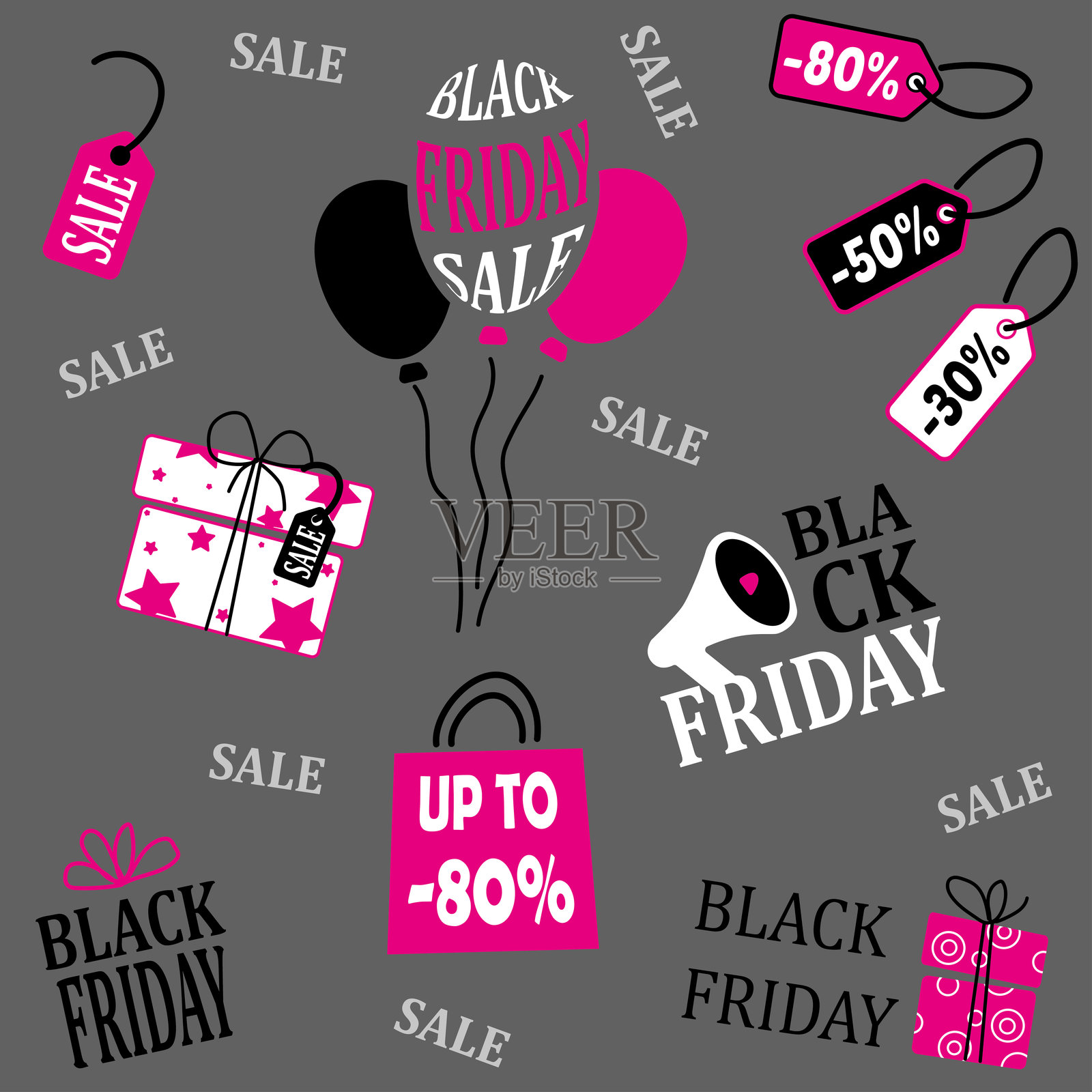 黑色星期五矢量设计元素，背景为深灰色，包含醒目的粉色折扣标签、礼品盒和促销图标插画图片素材