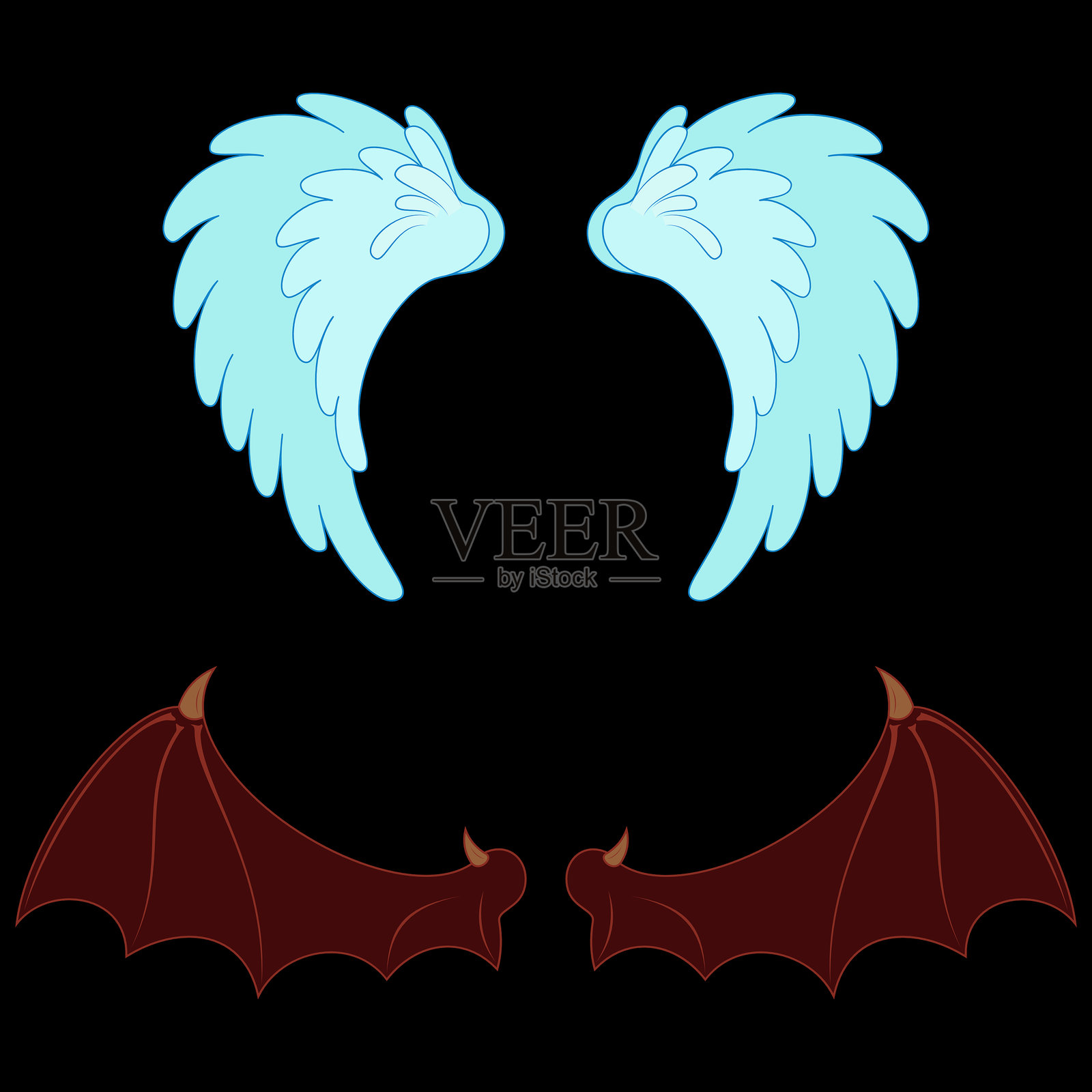 卡通风格的天使与恶魔翅膀物体插画图片素材