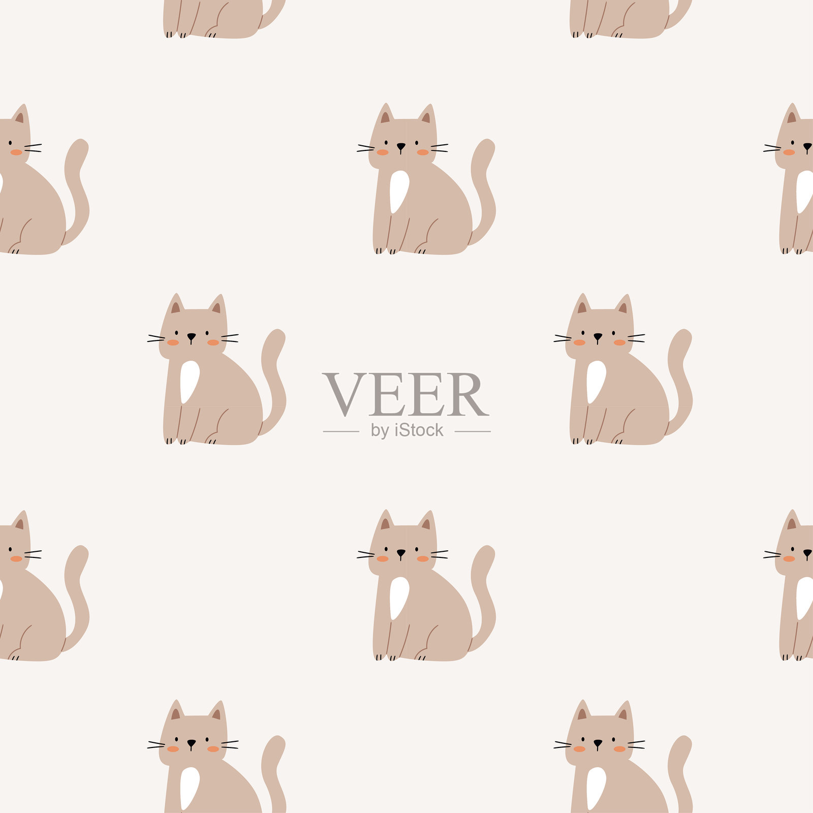 可爱米色猫咪的无缝图案，背景为浅色。极简而温馨的设计，完美适用于婴儿纺织品、幼儿房间装饰、儿童服装和包装纸。插画图片素材