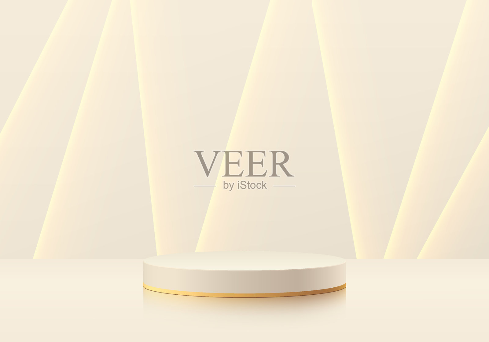 米色3D圆柱形讲台背景，墙面上有金色灯光线条。极简主义的展示台。抽象奢华的产品展示平台。舞台展示。矢量平台设计。插画图片素材