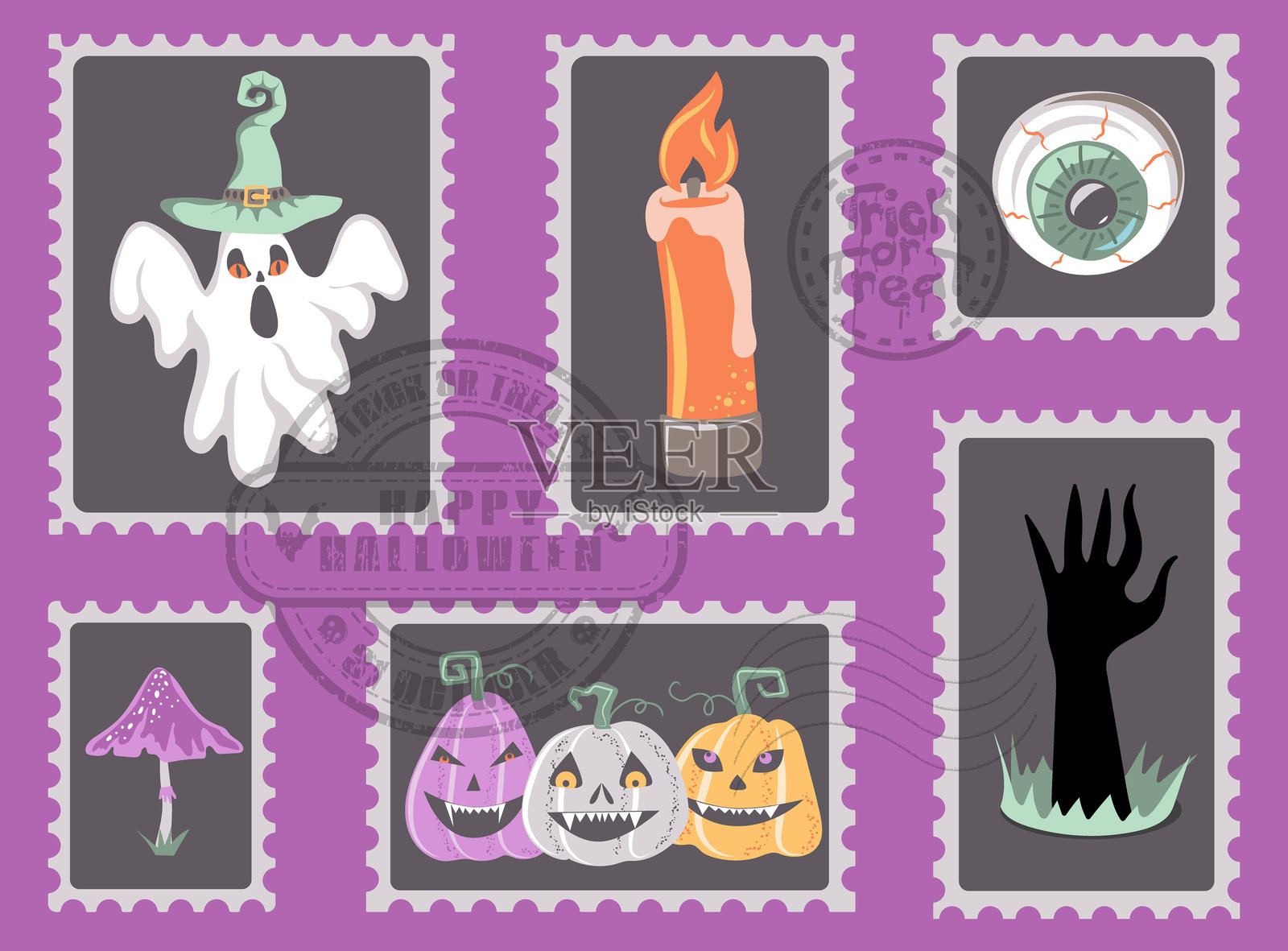 万圣节快乐横幅，配有复古邮票。万圣节装饰设计，包含可怕的南瓜、鬼魂和怪物手。矢量插图。插画图片素材