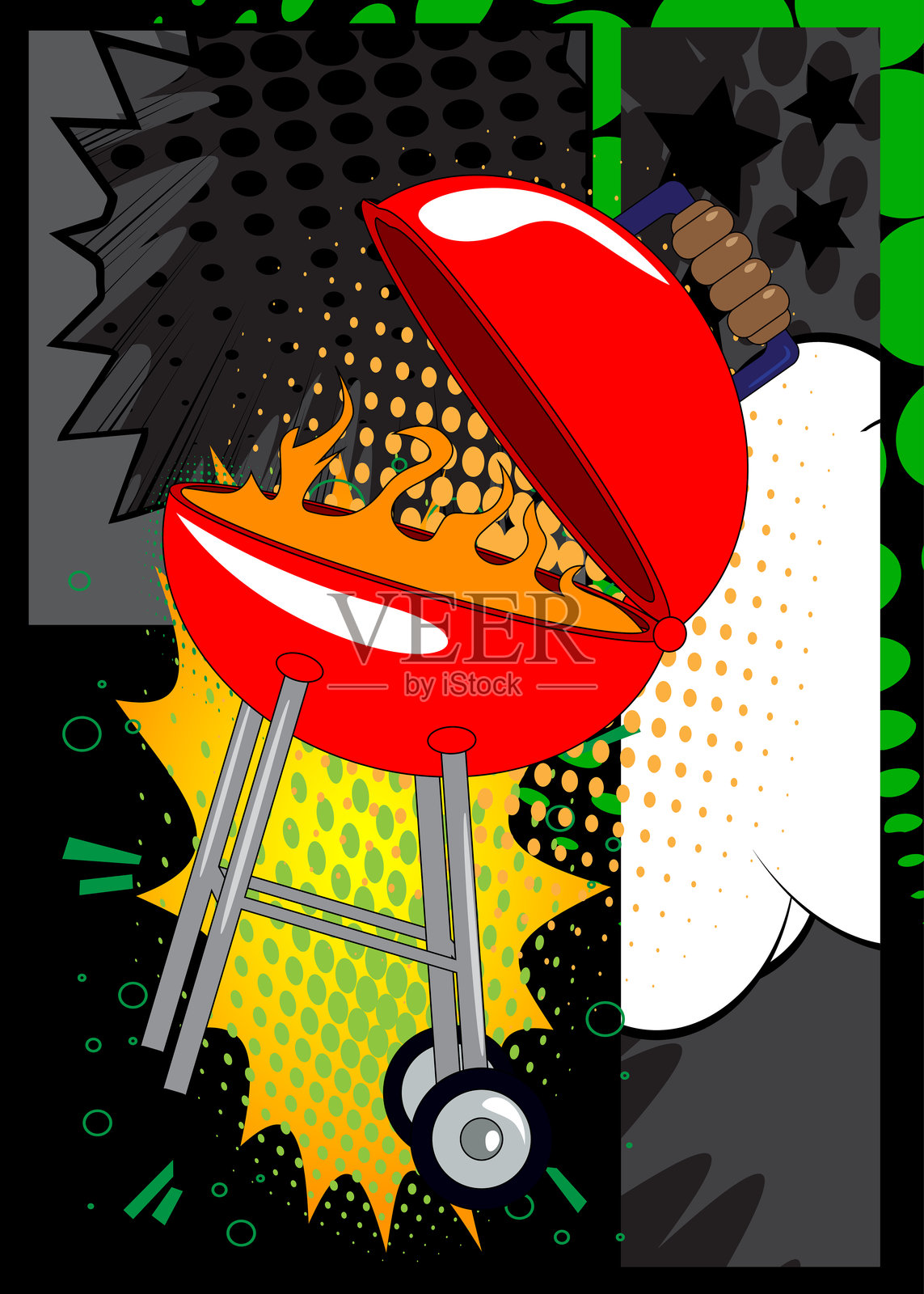 卡通烧烤架上的燃烧木材，漫画书烹饪。复古矢量漫画流行艺术设计。插画图片素材