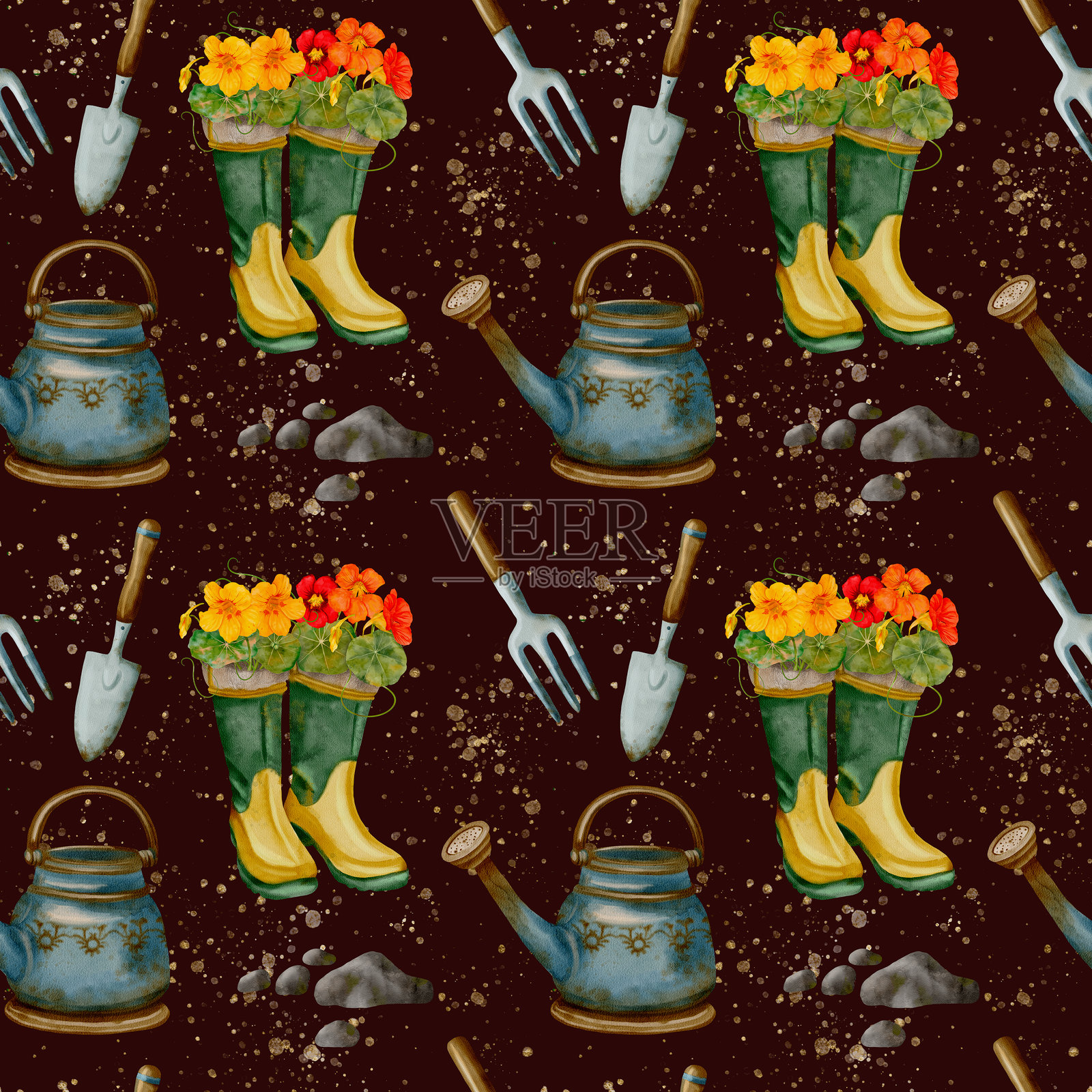 水彩画的园艺工具与花卉靴子，展现美丽的户外美学插画图片素材