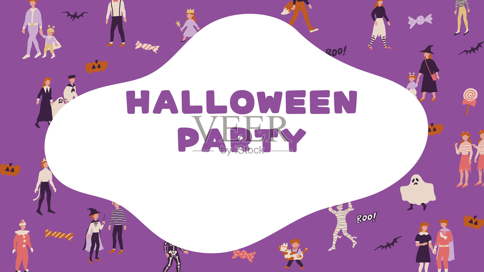万圣节派对横幅模板，紫色背景上的服装角色矢量图。插画图片素材